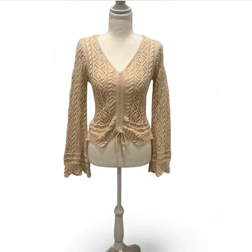 Cottagecore Bojo knit Beige V-Neck Sweater bell sleeves and gathered bottom tie